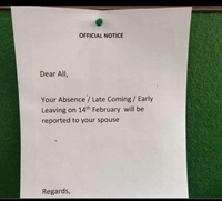 Offical notice on Absence Late coming Early leaving on 14 February